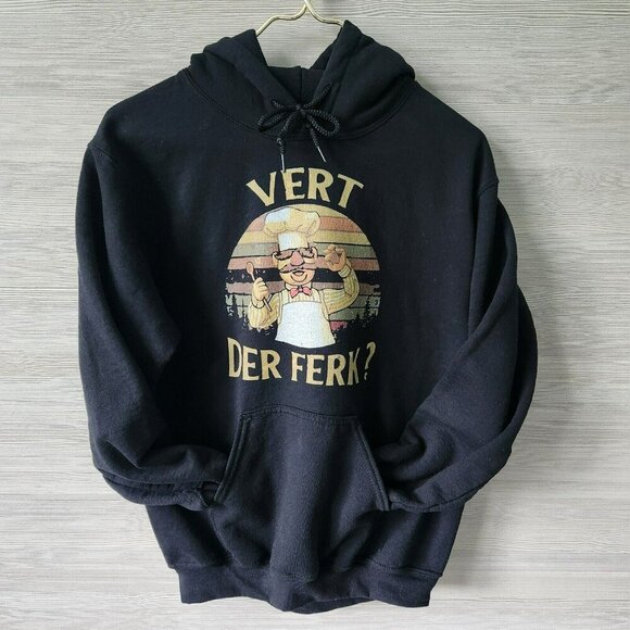 Gildan Vintage Vert Der Ferk Heavy Blend Kangaroo Pocket Chef Fun Black Hoodie S - Picture 2 of 12